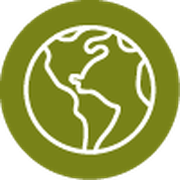 A green circle with a white earth icon in the middle.
